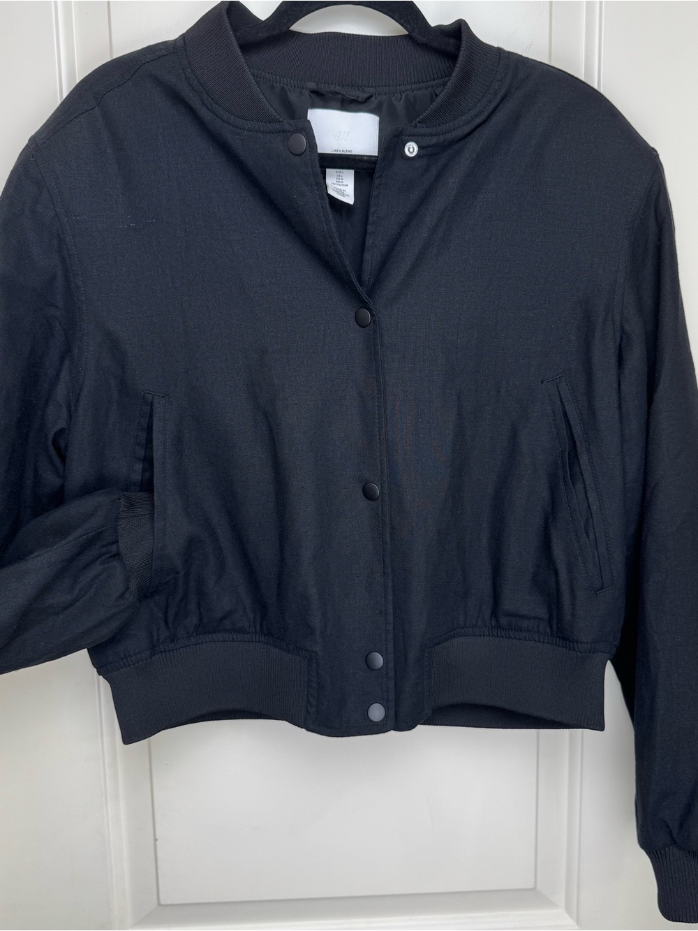 H&M Black Linen Blend Bomber Jacket Shoulder Pads Size L
